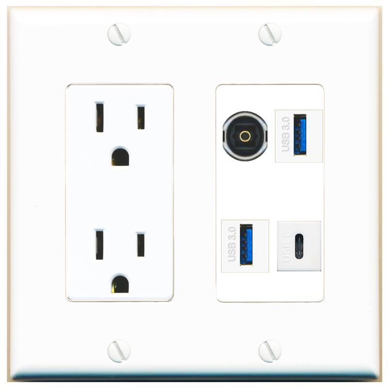 RiteAV TOSLINK 2 USB-3 USBC Wall Plate with 15A Power Outlet [White]