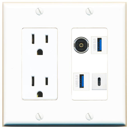 RiteAV TOSLINK 2 USB-3 USBC Wall Plate with 15A Power Outlet [White]