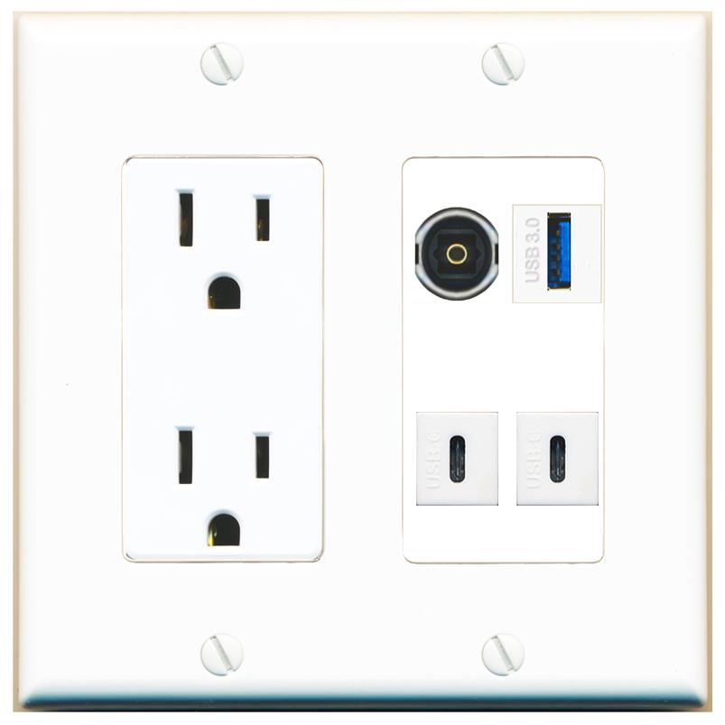 RiteAV TOSLINK USB-3 2 USBC Wall Plate with 15A Power Outlet [White]