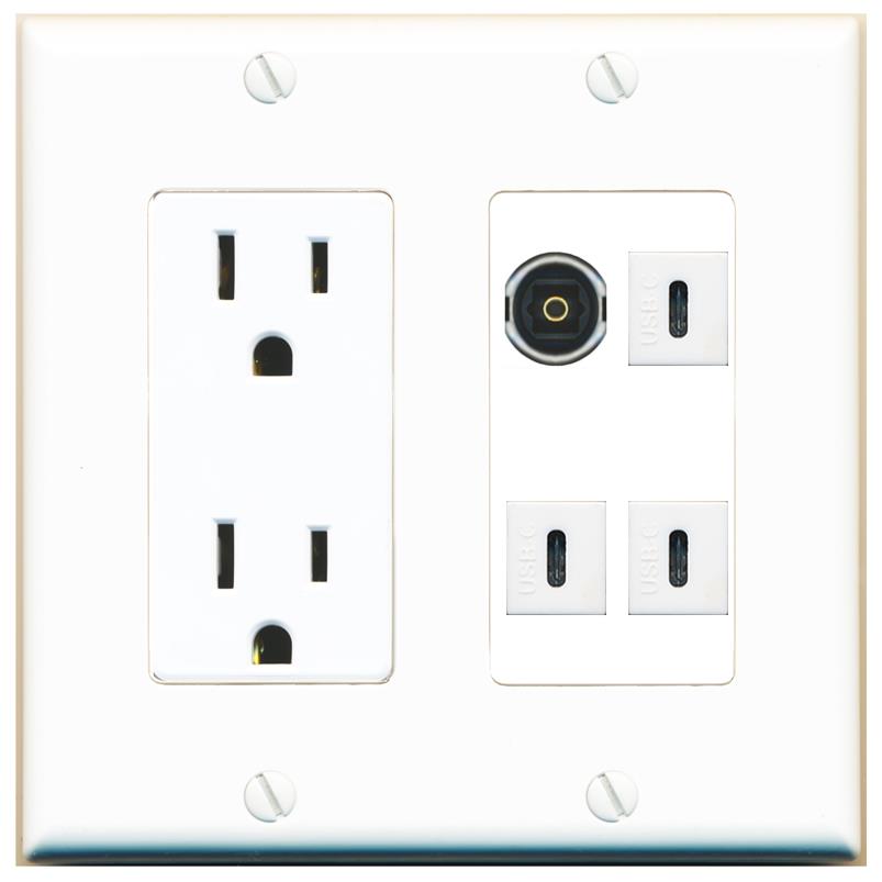 RiteAV TOSLINK 3 USBC Wall Plate with 15A Power Outlet [White]