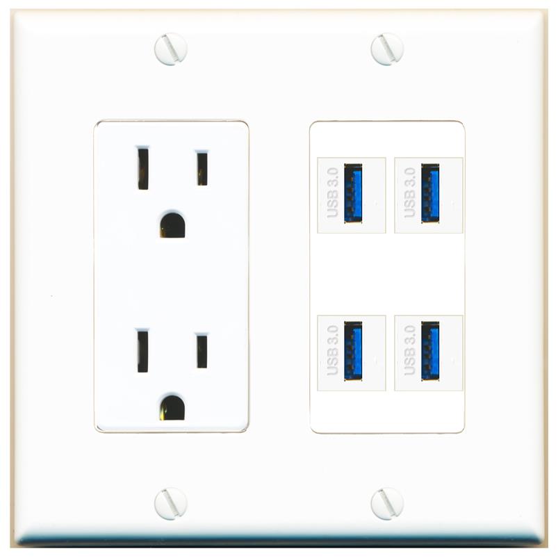 RiteAV 4 USB-3 Wall Plate with 15A Power Outlet [White]
