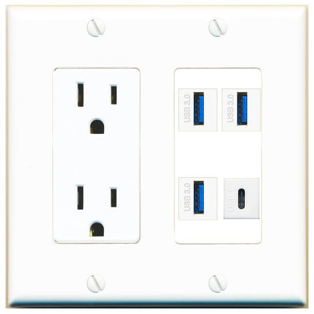 RiteAV 3 USB-3 USBC Wall Plate with 15A Power Outlet [White]