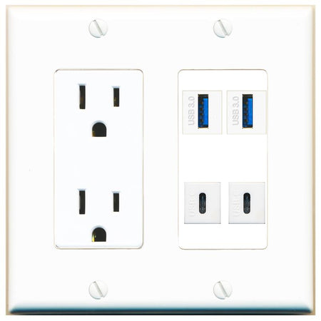 RiteAV 2 USB-3 2 USBC Wall Plate with 15A Power Outlet [White]
