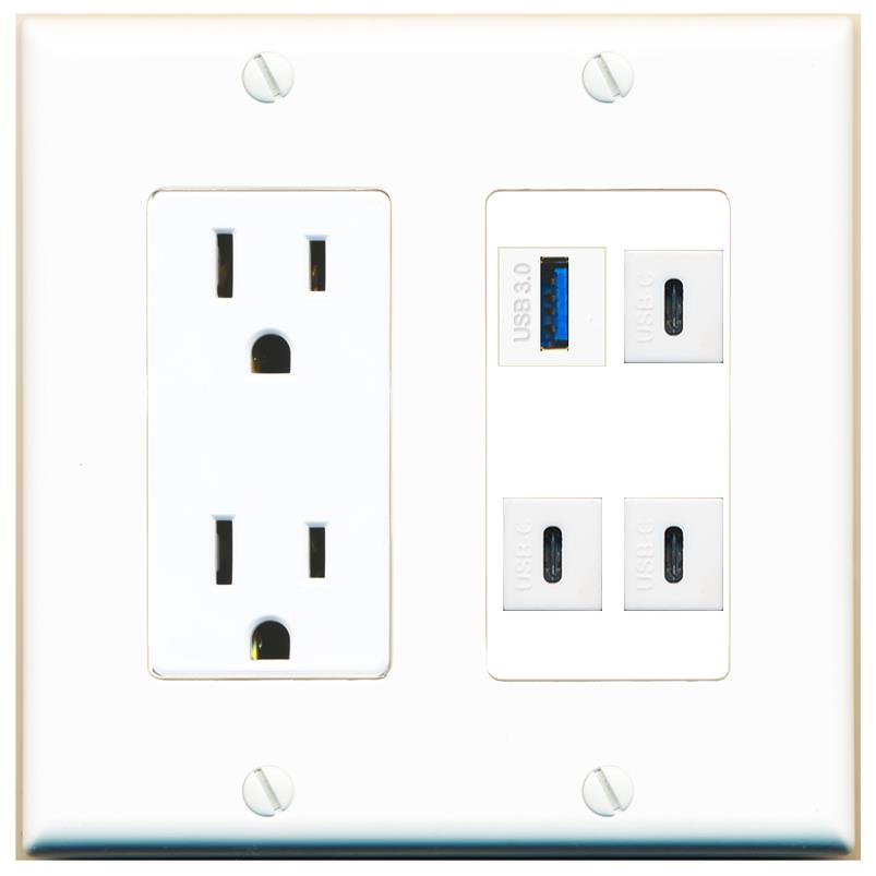 RiteAV USB-3 3 USBC Wall Plate with 15A Power Outlet [White]
