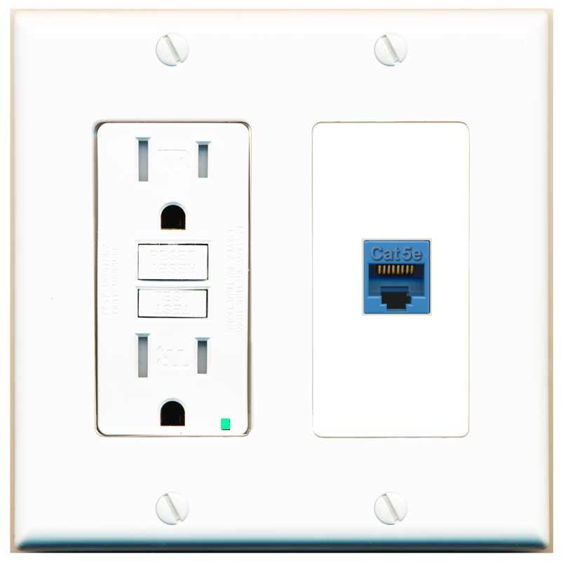 RiteAV CAT5E-BLUE Wall Plate with GFCI Power Outlet [White]