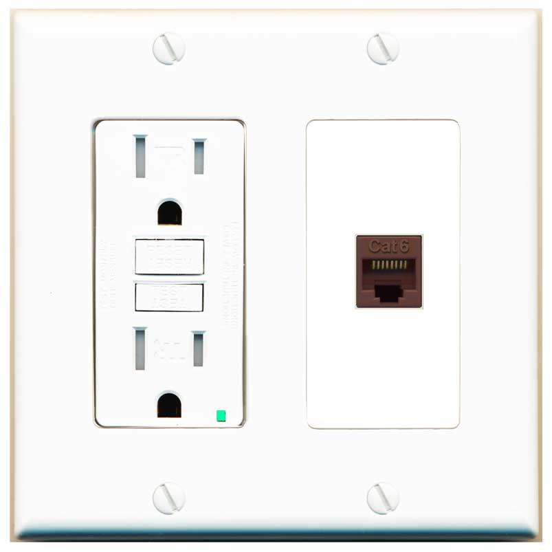 RiteAV CAT6-BROWN Wall Plate with GFCI Power Outlet [White]