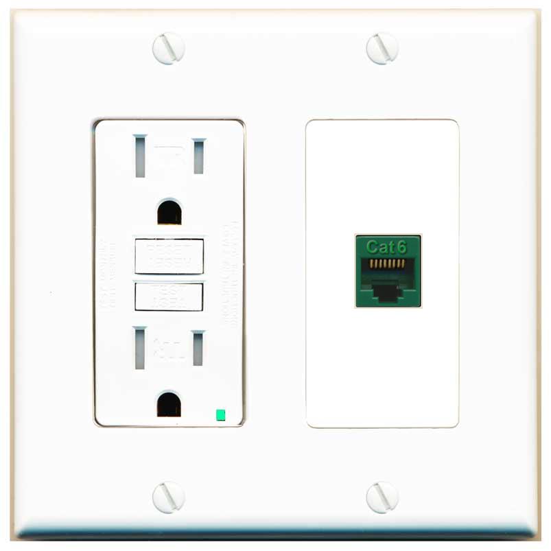 RiteAV CAT6-GREEN Wall Plate with GFCI Power Outlet [White]