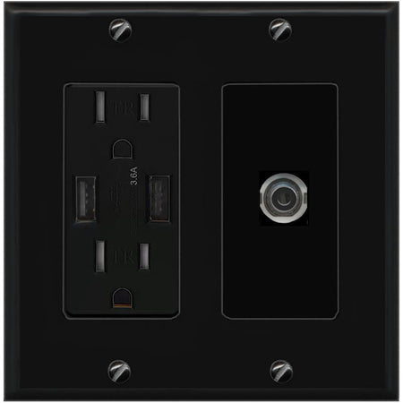 RiteAV 3-5MM Wall Plate with USB A Charger Power Outlet [Black]