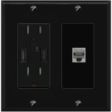 RiteAV CAT5E-GRAY Wall Plate with USB A Charger Power Outlet [Black]