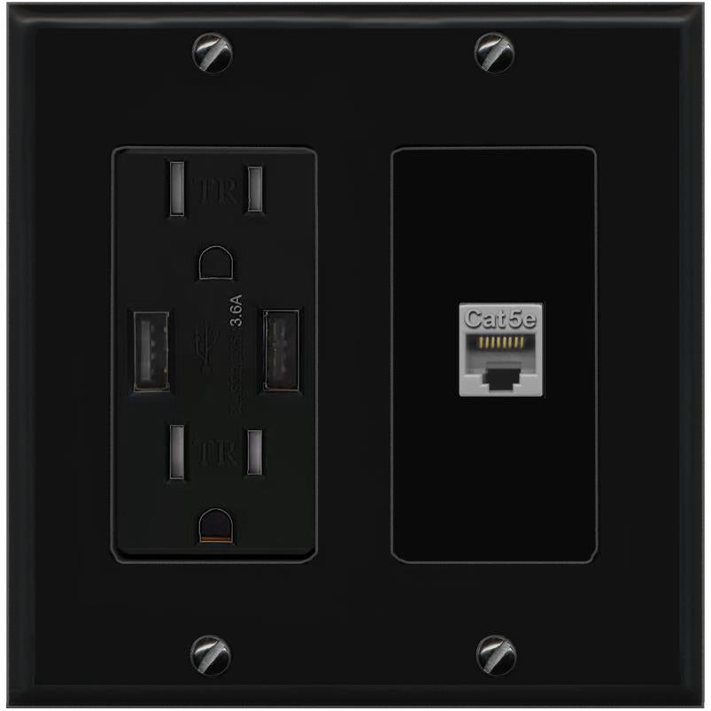 RiteAV CAT5E-GRAY Wall Plate with USB A Charger Power Outlet [Black]