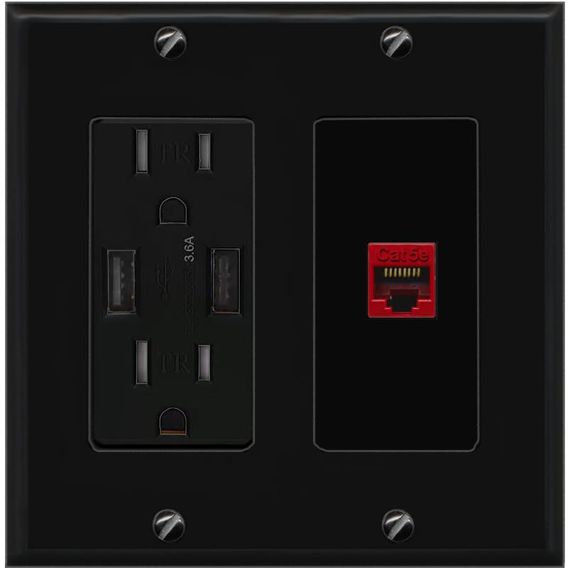 RiteAV CAT5E-RED Wall Plate with USB A Charger Power Outlet [Black]