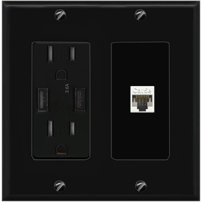 RiteAV CAT5E-WHITE Wall Plate with USB A Charger Power Outlet [Black]
