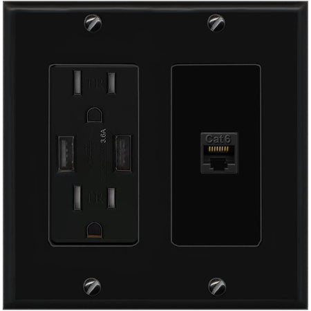 RiteAV CAT6-BLACK Wall Plate with USB A Charger Power Outlet [Black]