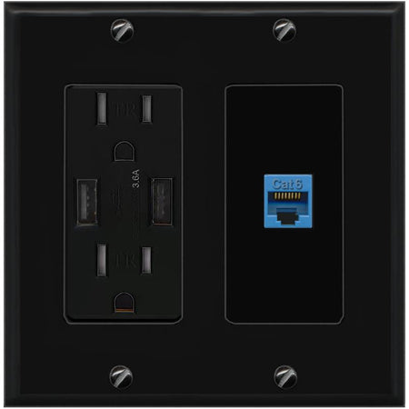 RiteAV CAT6-BLUE Wall Plate with USB A Charger Power Outlet [Black]