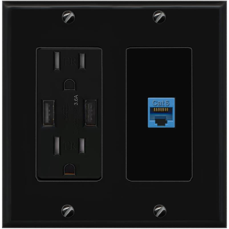 RiteAV CAT6-BLUE Wall Plate with USB A Charger Power Outlet [Black]