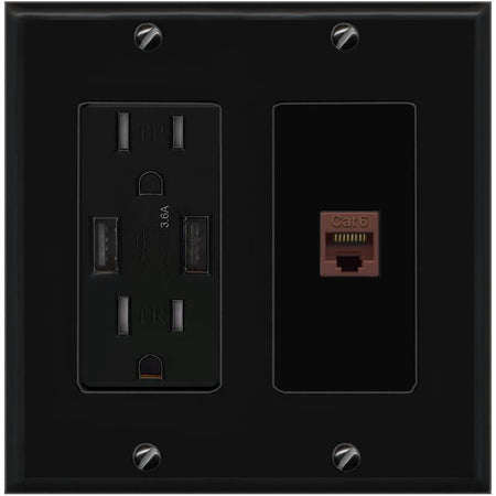 RiteAV CAT6-BROWN Wall Plate with USB A Charger Power Outlet [Black]