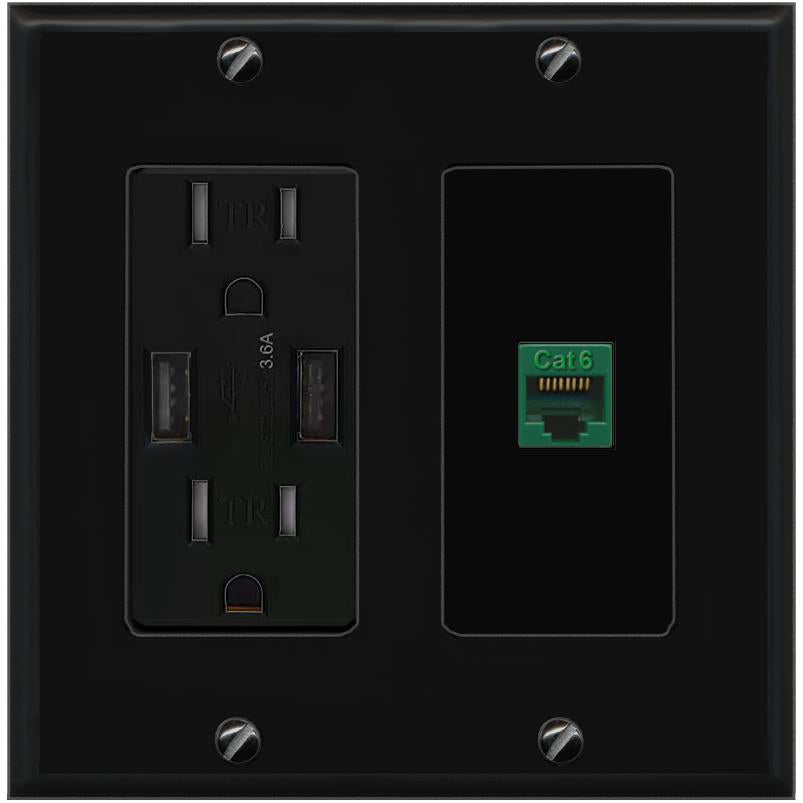 RiteAV CAT6-GREEN Wall Plate with USB A Charger Power Outlet [Black]