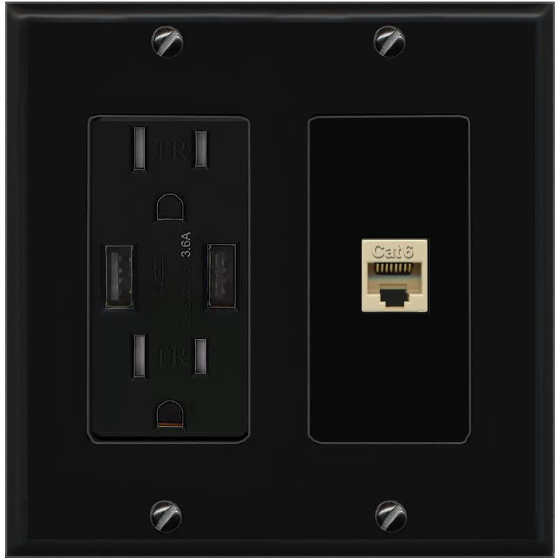 RiteAV CAT6-IVORY Wall Plate with USB A Charger Power Outlet [Black]