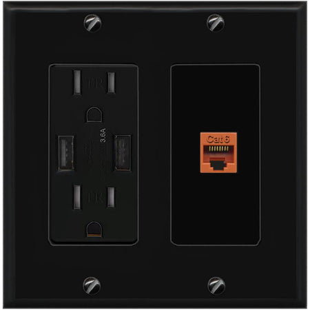 RiteAV CAT6-ORANGE Wall Plate with USB A Charger Power Outlet [Black]