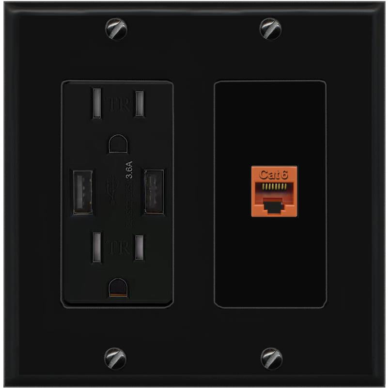 RiteAV CAT6-ORANGE Wall Plate with USB A Charger Power Outlet [Black]