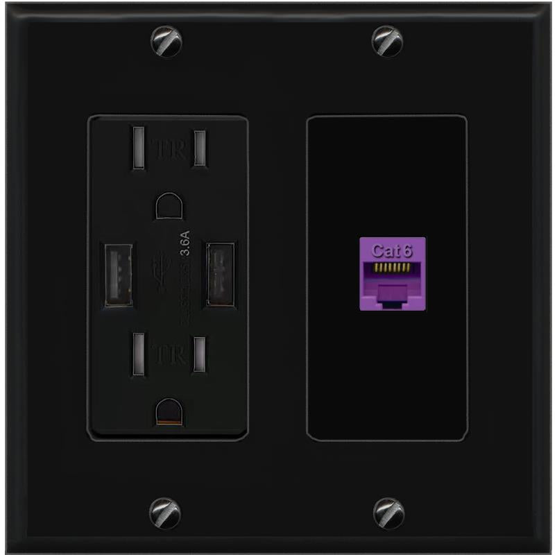 RiteAV CAT6-PURPLE Wall Plate with USB A Charger Power Outlet [Black]
