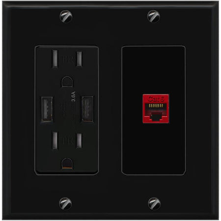 RiteAV CAT6-RED Wall Plate with USB A Charger Power Outlet [Black]