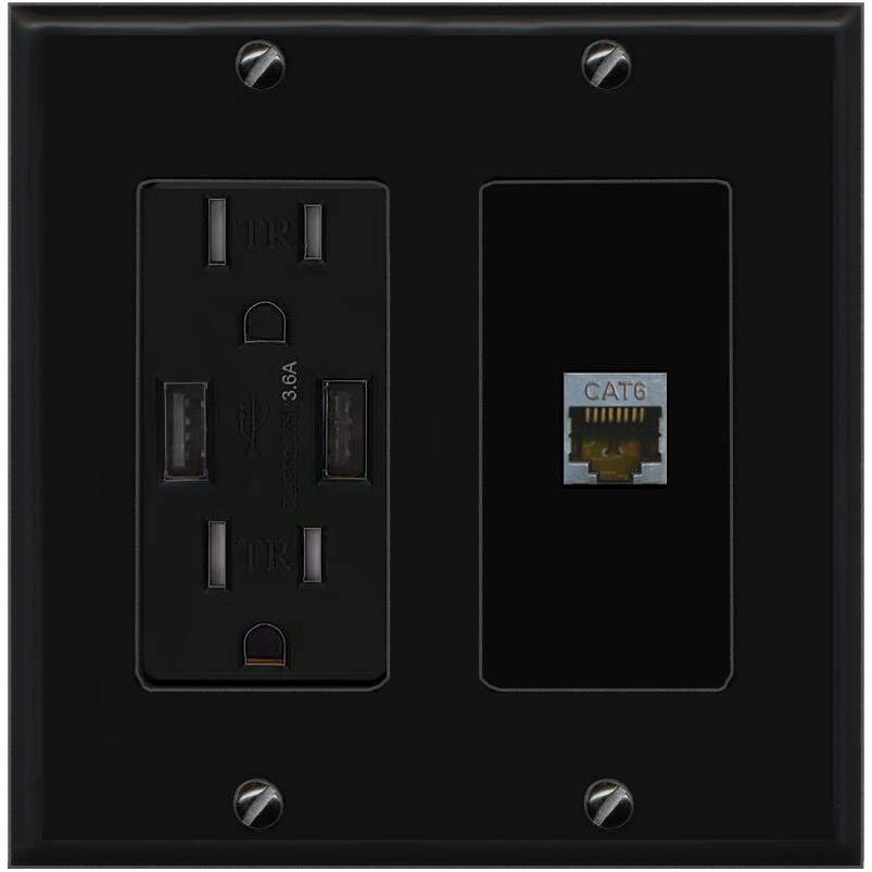 RiteAV CAT6-SHIELDED Wall Plate with USB A Charger Power Outlet [Black]