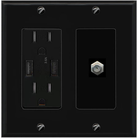 RiteAV COAX Wall Plate with USB A Charger Power Outlet [Black]