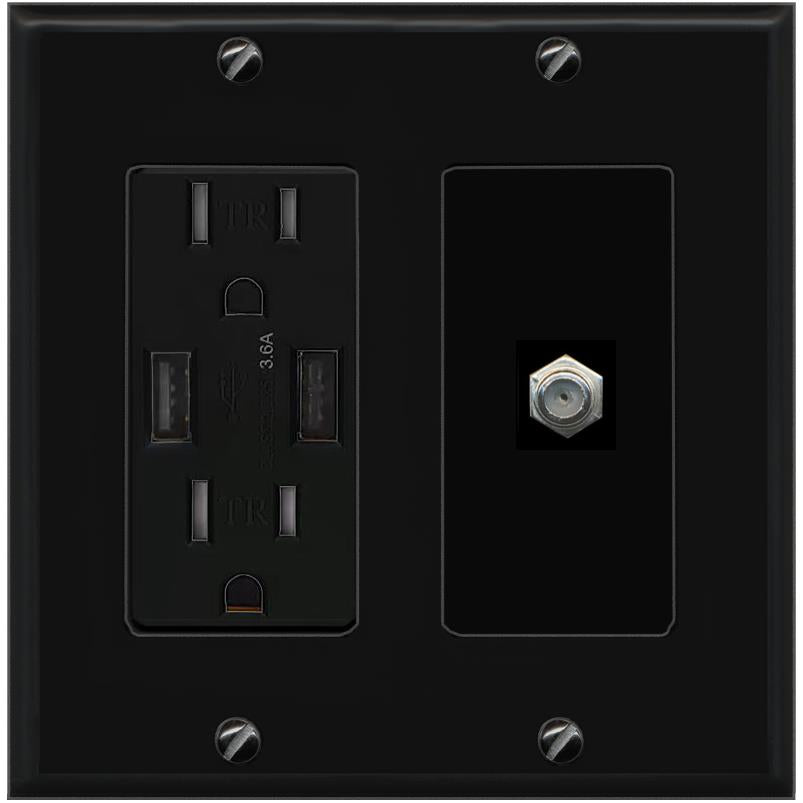 RiteAV COAX Wall Plate with USB A Charger Power Outlet [Black]