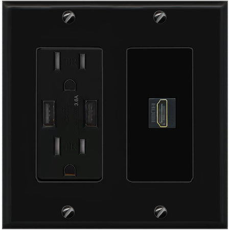 RiteAV HDMI Wall Plate with USB A Charger Power Outlet [Black]