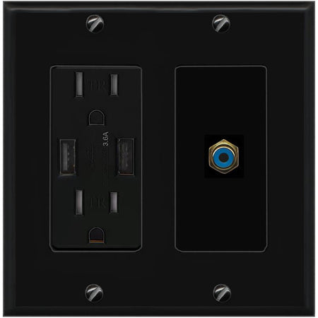 RiteAV RCA-BLUE Wall Plate with USB A Charger Power Outlet [Black]