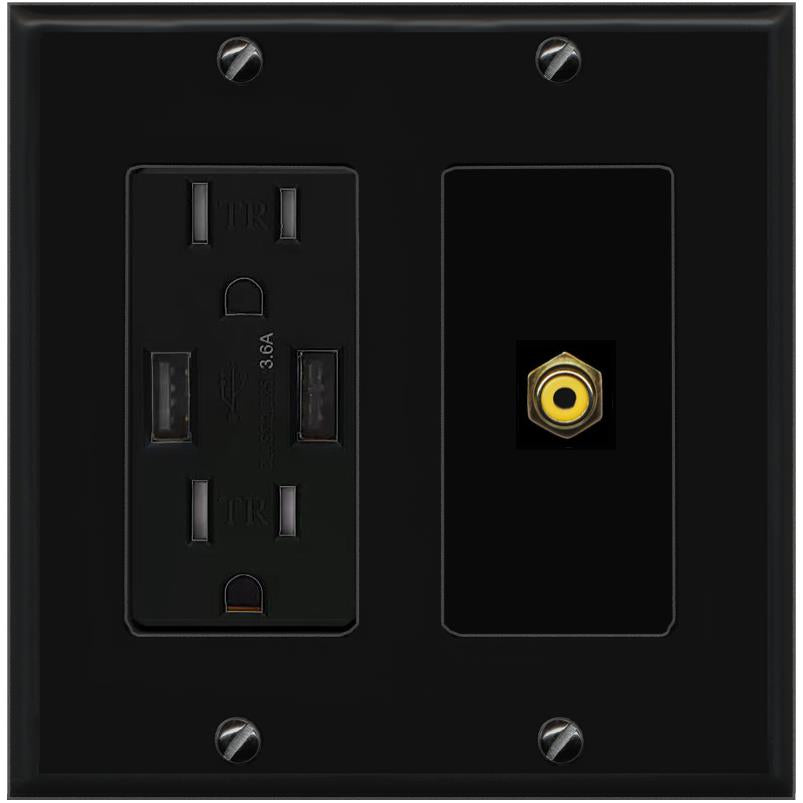 RiteAV RCA-YELLOW Wall Plate with USB A Charger Power Outlet [Black]