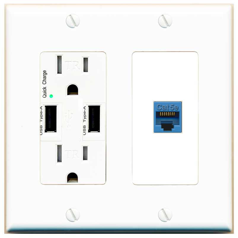 RiteAV CAT5E-BLUE Wall Plate with USB A Charger Power Outlet [White]