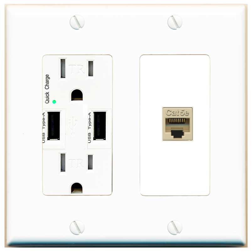 RiteAV CAT5E-IVORY Wall Plate with USB A Charger Power Outlet [White]