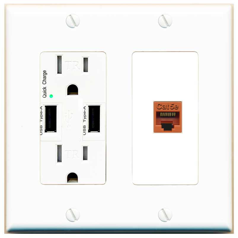 RiteAV CAT5E-ORANGE Wall Plate with USB A Charger Power Outlet [White]