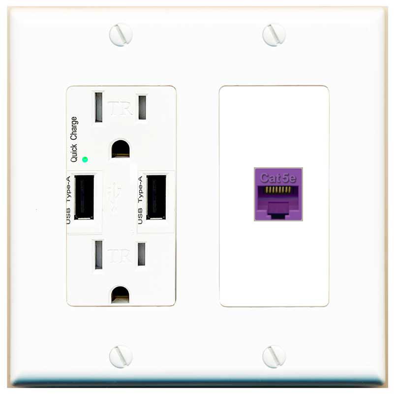 RiteAV CAT5E-PURPLE Wall Plate with USB A Charger Power Outlet [White]