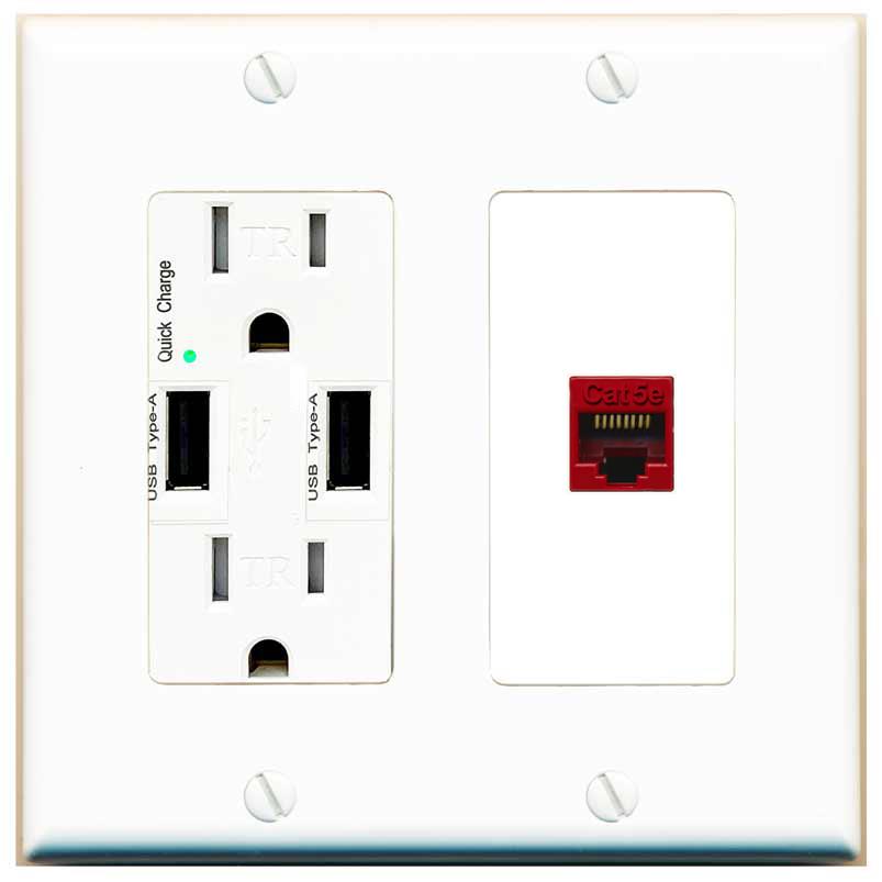 RiteAV CAT5E-RED Wall Plate with USB A Charger Power Outlet [White]