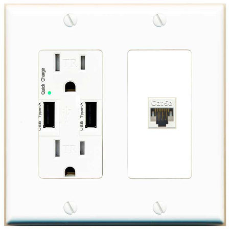 RiteAV CAT5E-WHITE Wall Plate with USB A Charger Power Outlet [White]
