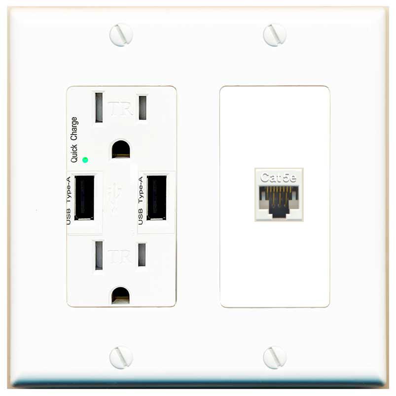 RiteAV CAT5E-WHITE Wall Plate with USB A Charger Power Outlet [White]
