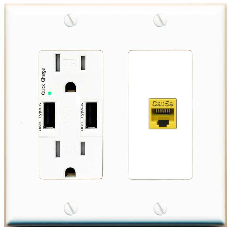 RiteAV CAT5E-YELLOW Wall Plate with USB A Charger Power Outlet [White]