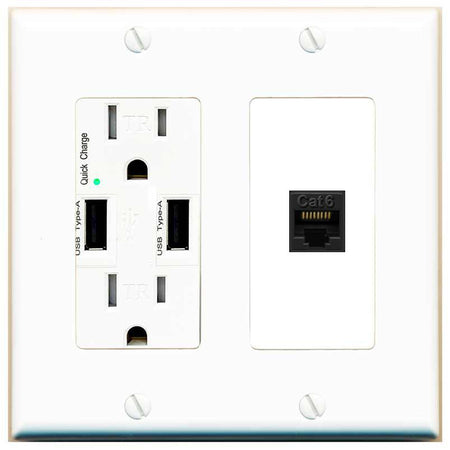 RiteAV CAT6-BLACK Wall Plate with USB A Charger Power Outlet [White]
