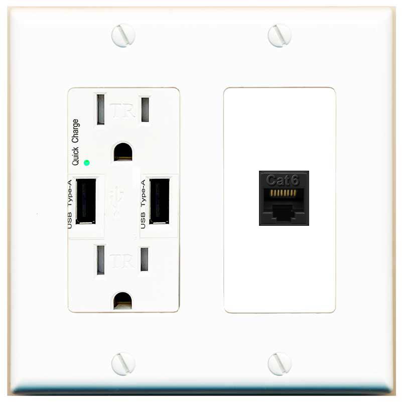 RiteAV CAT6-BLACK Wall Plate with USB A Charger Power Outlet [White]