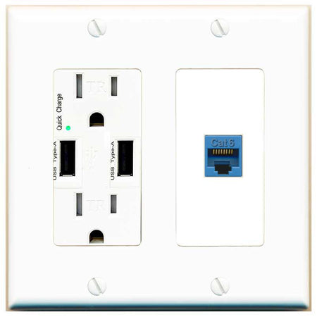 RiteAV CAT6-BLUE Wall Plate with USB A Charger Power Outlet [White]