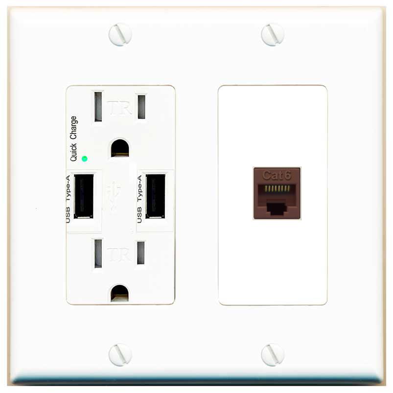 RiteAV CAT6-BROWN Wall Plate with USB A Charger Power Outlet [White]