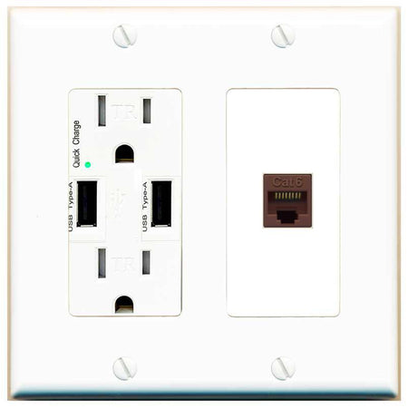 RiteAV CAT6-BROWN Wall Plate with USB A Charger Power Outlet [White]