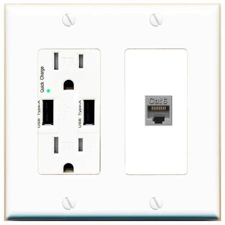 RiteAV CAT6-GRAY Wall Plate with USB A Charger Power Outlet [White]