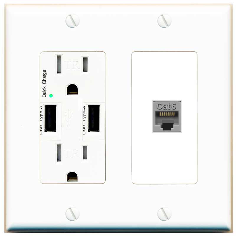 RiteAV CAT6-GRAY Wall Plate with USB A Charger Power Outlet [White]