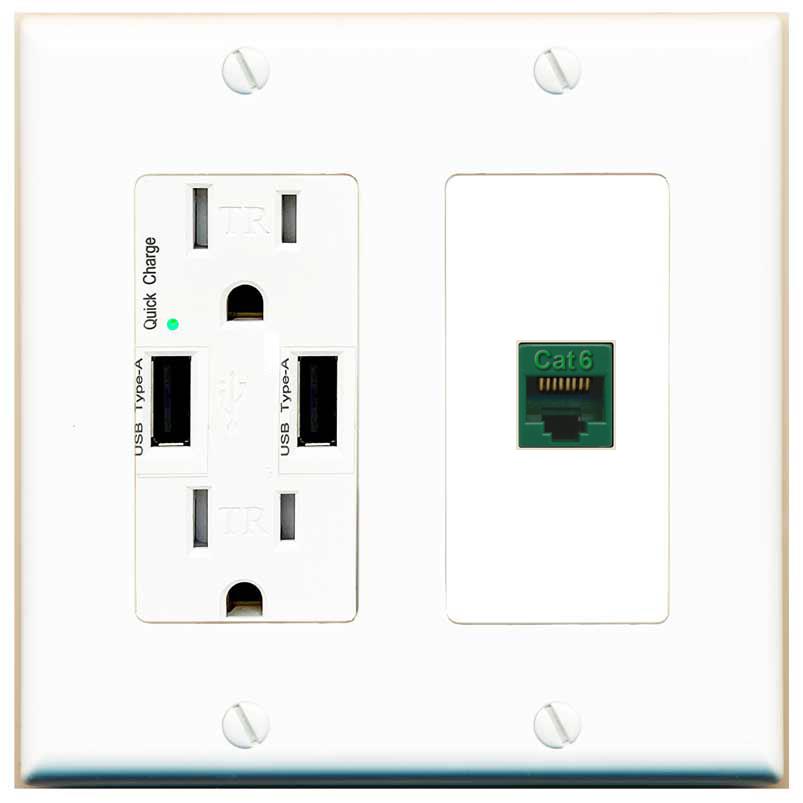 RiteAV CAT6-GREEN Wall Plate with USB A Charger Power Outlet [White]