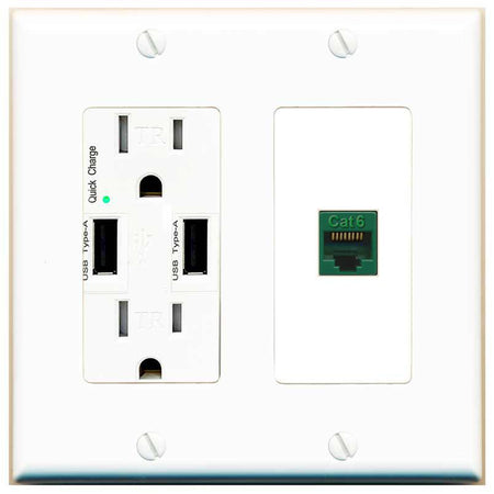 RiteAV CAT6-GREEN Wall Plate with USB A Charger Power Outlet [White]