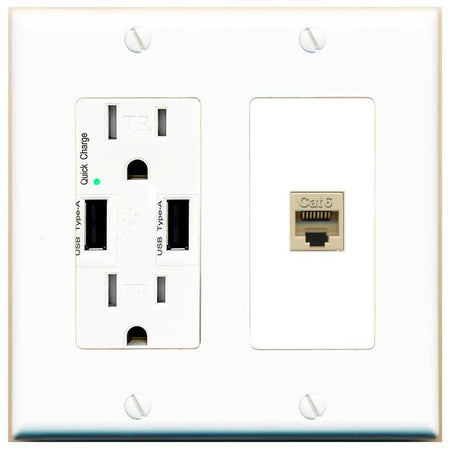 RiteAV CAT6-IVORY Wall Plate with USB A Charger Power Outlet [White]